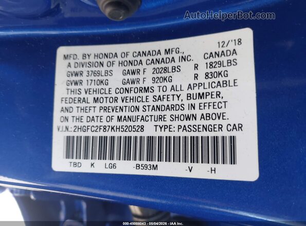 2HGFC2F87KH520528 2019 HONDA CIVIC Blue Вид підкапотного простору