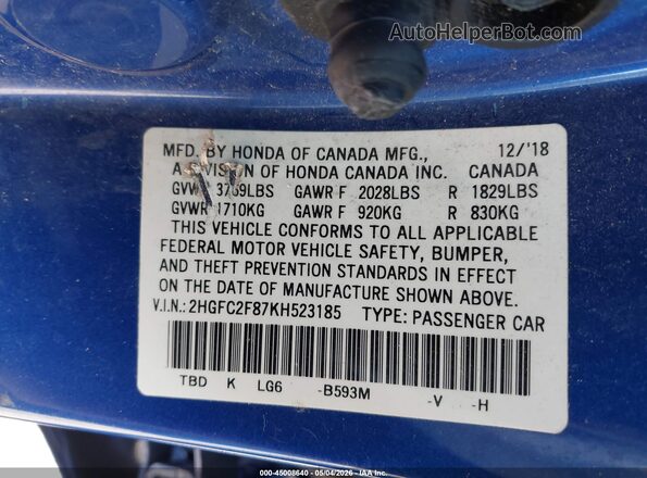 2HGFC2F87KH523185 2019 HONDA CIVIC Синий Вид подкапотного пространства