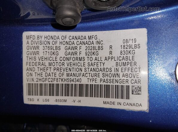 2HGFC2F87KH594340 2019 HONDA CIVIC Blue Widok komory silnika