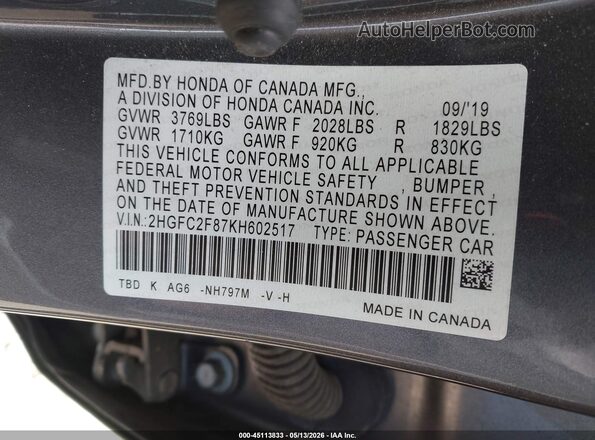 2HGFC2F87KH602517 2019 HONDA CIVIC Gray Widok komory silnika
