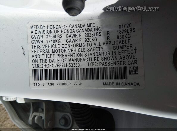 2HGFC2F87LH533801 2020 HONDA CIVIC White Engine compartment view