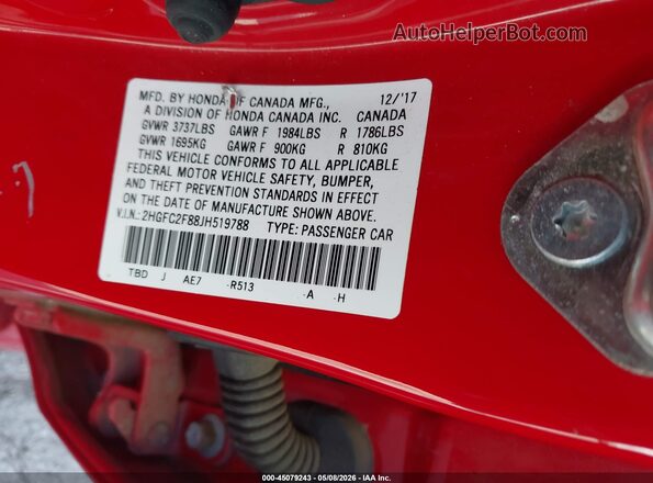 2HGFC2F88JH519788 2018 HONDA CIVIC Red Вид підкапотного простору