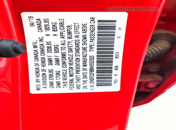2HGFC2F88KH552503 2019 HONDA CIVIC Red Вид наклейки з VIN-кодом