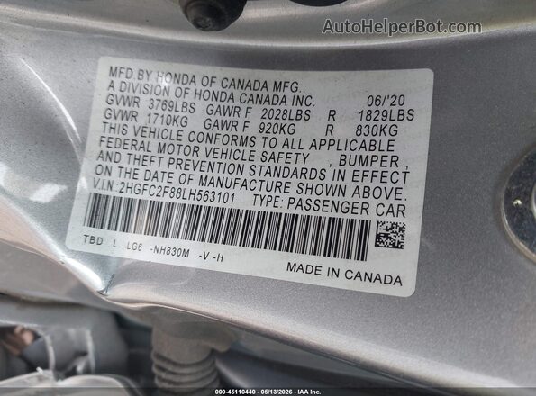 2HGFC2F88LH563101 2020 HONDA CIVIC Silver Widok komory silnika
