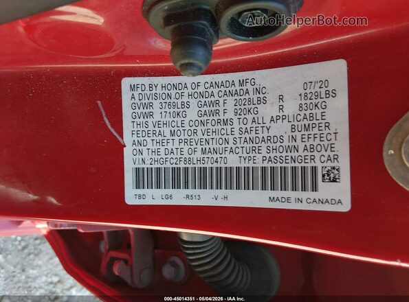 2HGFC2F88LH570470 2020 HONDA CIVIC Red Widok komory silnika