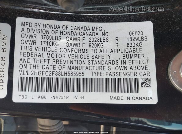 2HGFC2F88LH585955 2020 HONDA CIVIC Black Շարժիչի բաժամունքի տեսք
