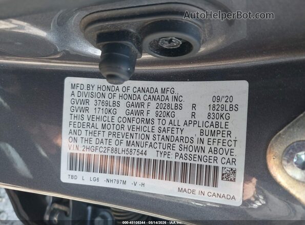 2HGFC2F88LH587544 2020 HONDA CIVIC Gray Շարժիչի բաժամունքի տեսք