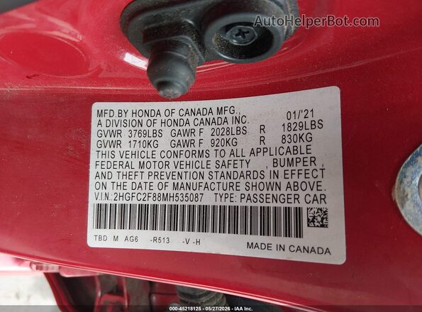 2HGFC2F88MH535087 2021 HONDA CIVIC Red Engine compartment view