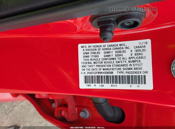 2HGFC2F89KH508588 2019 HONDA CIVIC Red Շարժիչի բաժամունքի տեսք
