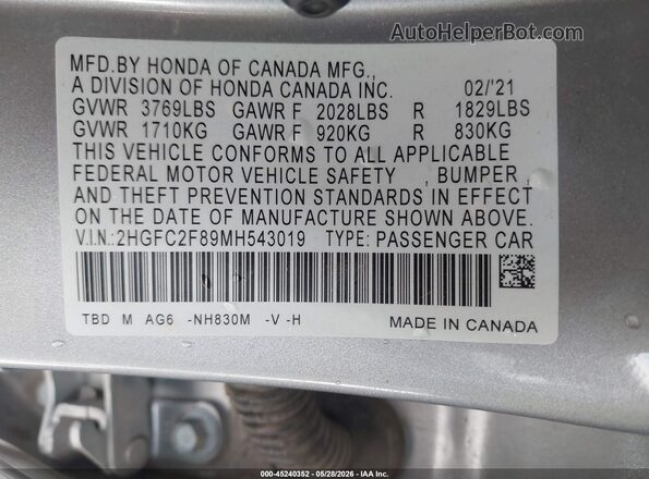 2HGFC2F89MH543019 2021 HONDA CIVIC Silver Engine compartment view