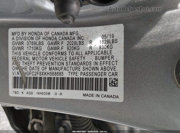 2HGFC2F8XKH568685 2019 HONDA CIVIC Silver 