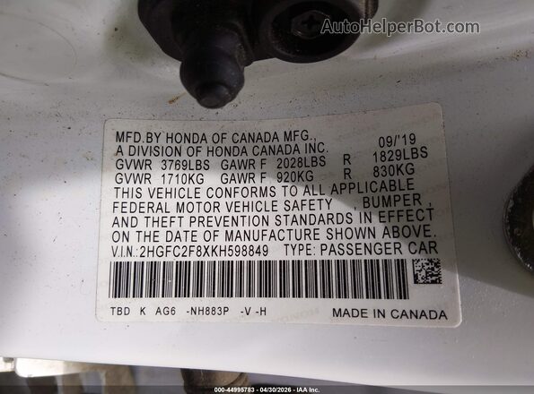 2HGFC2F8XKH598849 2019 HONDA CIVIC White Widok komory silnika
