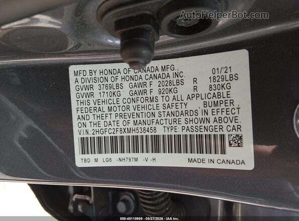 2HGFC2F8XMH538458 2021 HONDA CIVIC Gray 