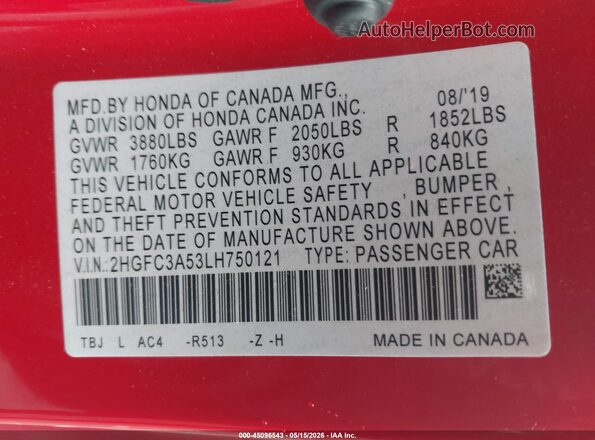 2HGFC3A53LH750121 2020 HONDA CIVIC SI Red 