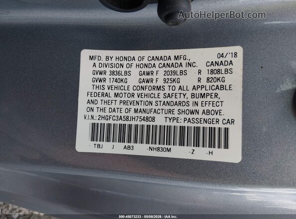 2HGFC3A58JH754808 2018 HONDA CIVIC Gray Widok komory silnika
