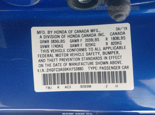 2HGFC3A59KH753880 2019 HONDA CIVIC Синий Вид подкапотного пространства