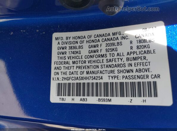 2HGFC3A5XHH754254 2017 HONDA CIVIC Blue Widok komory silnika