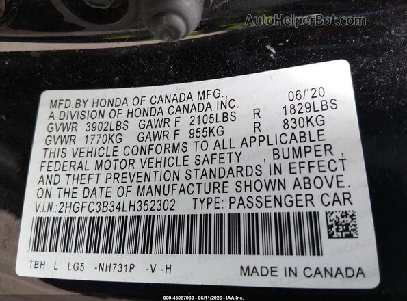 2HGFC3B34LH352302 2020 HONDA CIVIC Black 