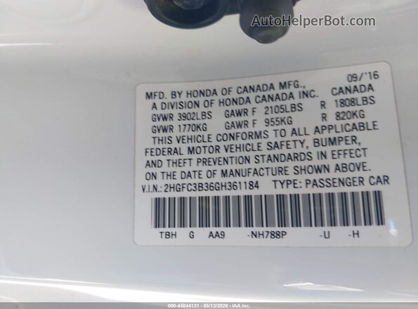2HGFC3B36GH361184 2016 HONDA CIVIC White ძრავის განყოფილების ხედი