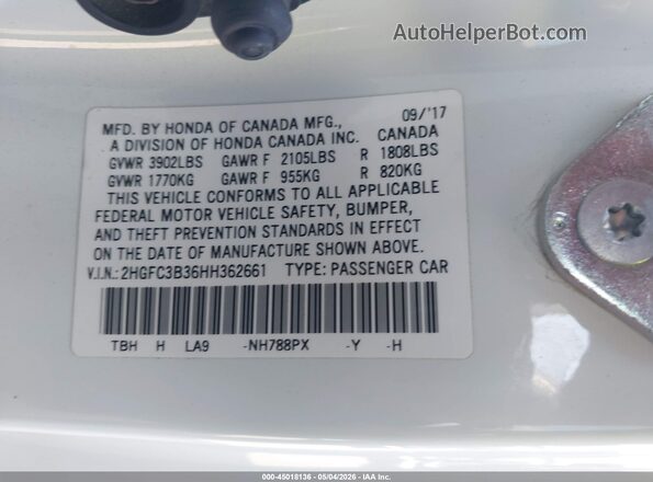 2HGFC3B36HH362661 2017 HONDA CIVIC White ძრავის განყოფილების ხედი