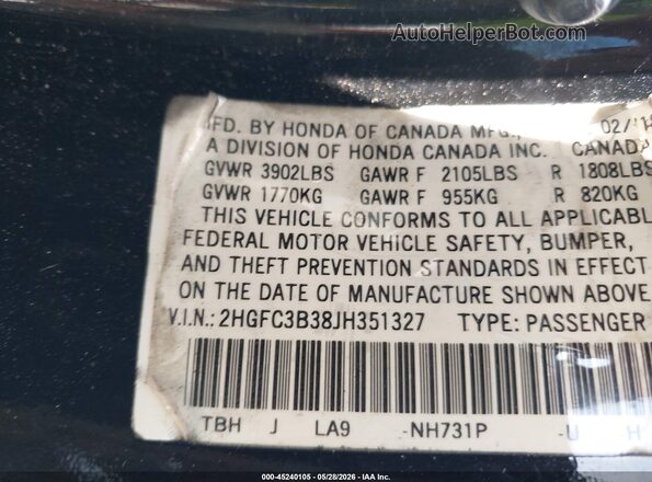 2HGFC3B38JH351327 2018 HONDA CIVIC Black 