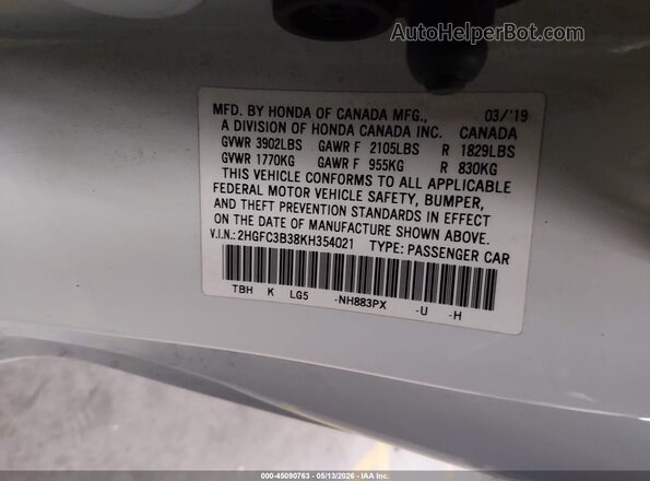 2HGFC3B38KH354021 2019 HONDA CIVIC White 