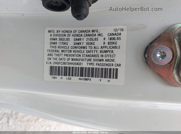 2HGFC3B73HH354021 2017 HONDA CIVIC White Շարժիչի բաժամունքի տեսք