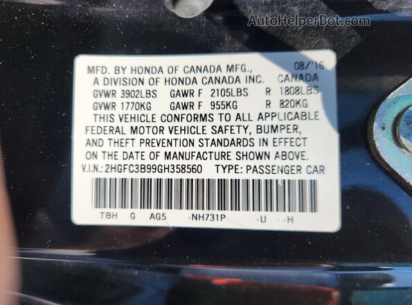 2HGFC3B99GH358560 2016 HONDA CIVIC Черный 