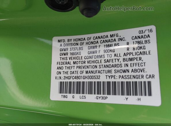 2HGFC4B01GH300532 2016 HONDA CIVIC Green Widok komory silnika