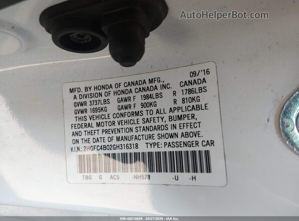 2HGFC4B02GH316318 2016 HONDA CIVIC White ძრავის განყოფილების ხედი