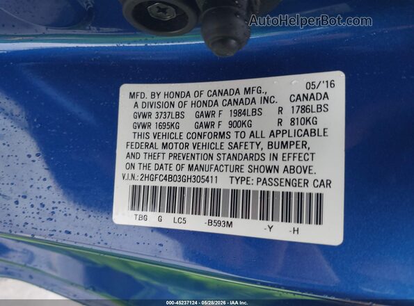 2HGFC4B03GH305411 2016 HONDA CIVIC Blue Vista del compartimento del motor