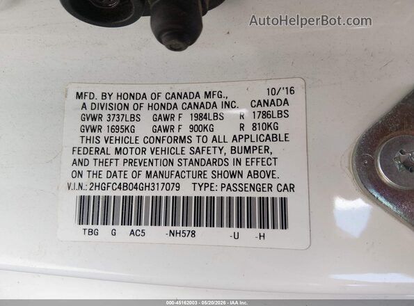 2HGFC4B04GH317079 2016 HONDA CIVIC White Vista del compartimento del motor
