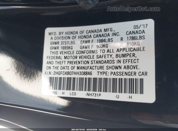 2HGFC4B07HH308846 2017 HONDA CIVIC Black 