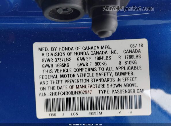 2HGFC4B08JH302947 2018 HONDA CIVIC Blue Engine compartment view