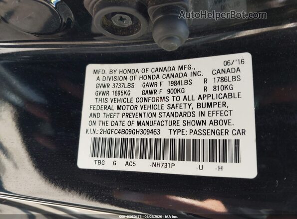 2HGFC4B09GH309463 2016 HONDA CIVIC Black Widok komory silnika