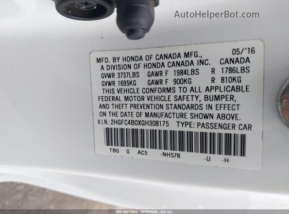 2HGFC4B0XGH308175 2016 HONDA CIVIC White Widok komory silnika
