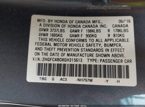 2HGFC4B0XGH315613 2016 HONDA CIVIC Gray 