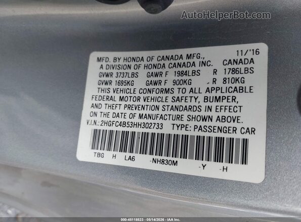 2HGFC4B53HH302733 2017 HONDA CIVIC Silver Շարժիչի բաժամունքի տեսք