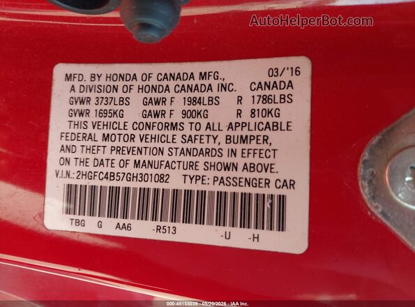 2HGFC4B57GH301082 2016 HONDA CIVIC Red Engine compartment view