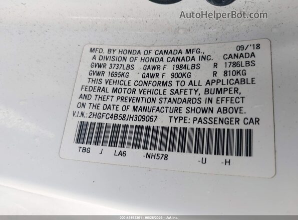 2HGFC4B58JH309067 2018 HONDA CIVIC White ძრავის განყოფილების ხედი
