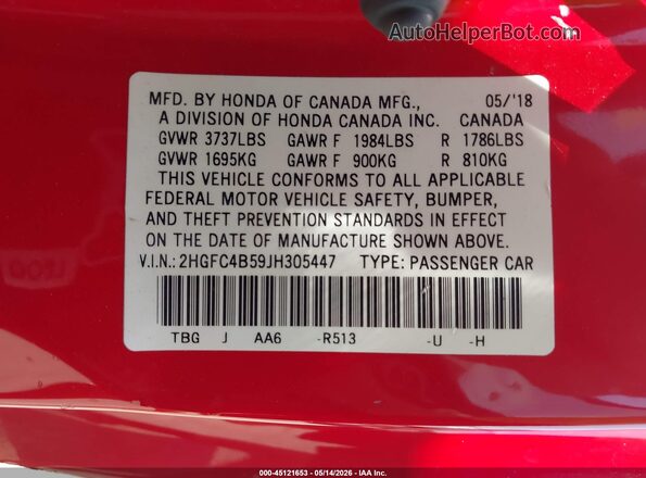 2HGFC4B59JH305447 2018 HONDA CIVIC Red ძრავის განყოფილების ხედი