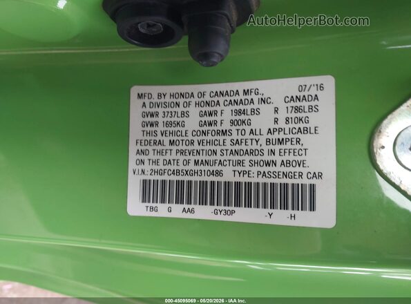 2HGFC4B5XGH310486 2016 HONDA CIVIC Green Շարժիչի բաժամունքի տեսք