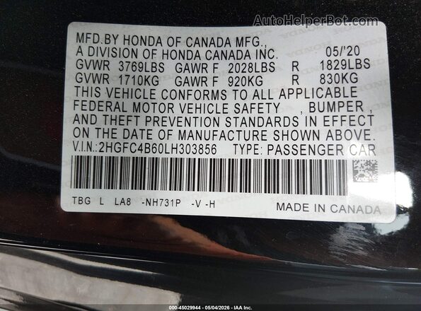 2HGFC4B60LH303856 2020 HONDA CIVIC Black Engine compartment view