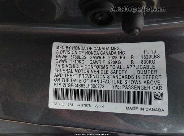 2HGFC4B63LH300773 2020 HONDA CIVIC Серый Вид подкапотного пространства