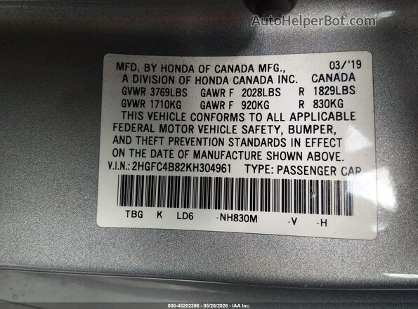 2HGFC4B82KH304961 2019 HONDA CIVIC Gray Vista del compartimento del motor