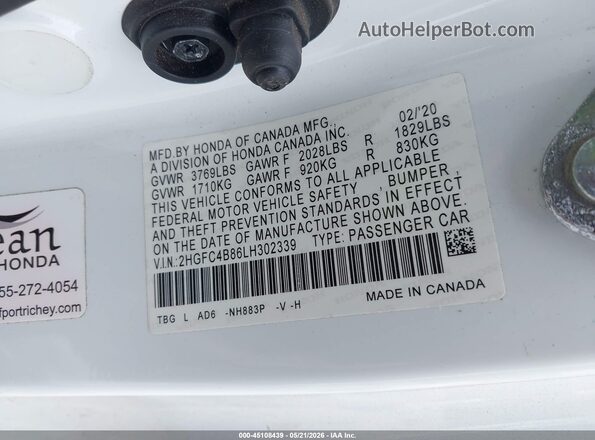 2HGFC4B86LH302339 2020 HONDA CIVIC Белый Вид подкапотного пространства