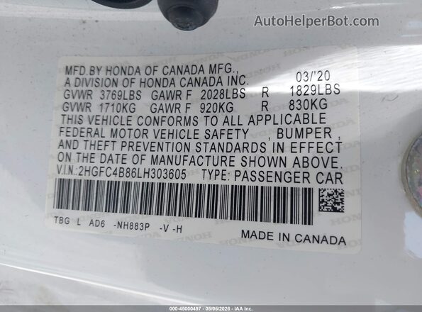 2HGFC4B86LH303605 2020 HONDA CIVIC White ძრავის განყოფილების ხედი