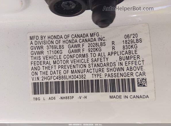 2HGFC4B86LH304382 2020 HONDA CIVIC Белый 