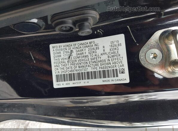 2HGFC4B87KH307337 2019 HONDA CIVIC Black Շարժիչի բաժամունքի տեսք