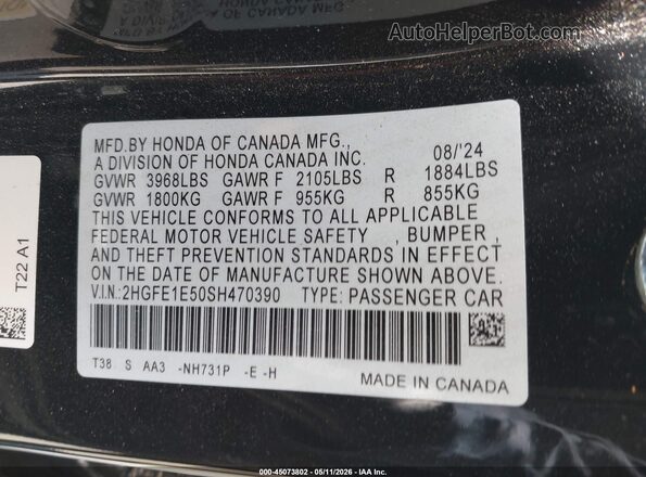 2HGFE1E50SH470390 2025 HONDA CIVIC Black Շարժիչի բաժամունքի տեսք